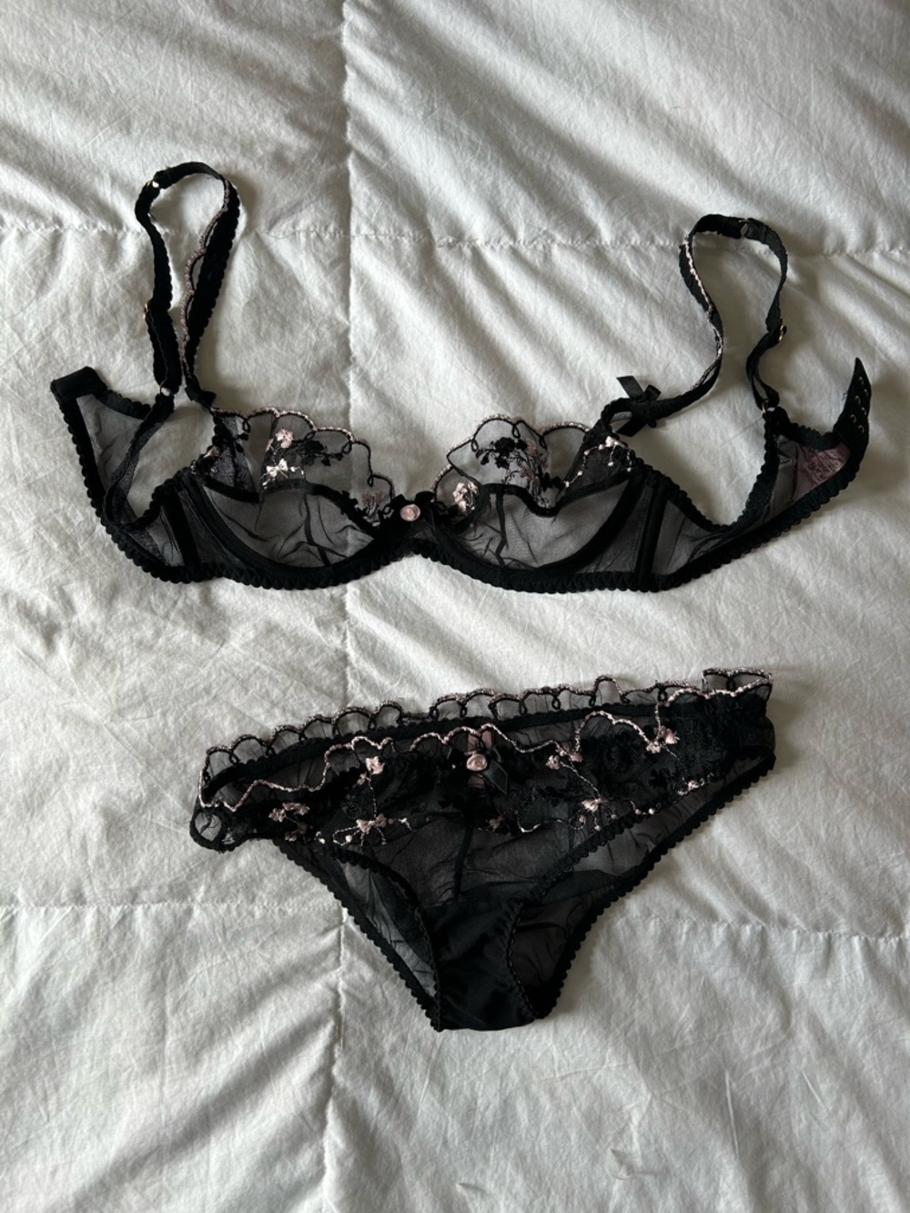 Agent Provocateur Sheer Black Lace Embroidered Bra & Bikini Set
